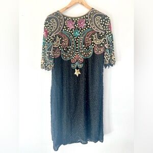 Carina 80s Dead Stock Black Beaded Pearl & Stars Silk Cocktail Dress Size XL‎